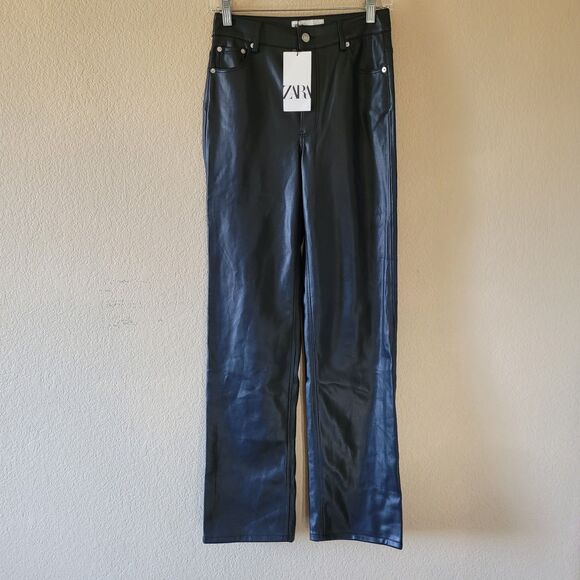 Zara Womens The 90s Straight Leg Pants Size 2 Faux Leather Black High Rise Nwt - Picture 1 of 7